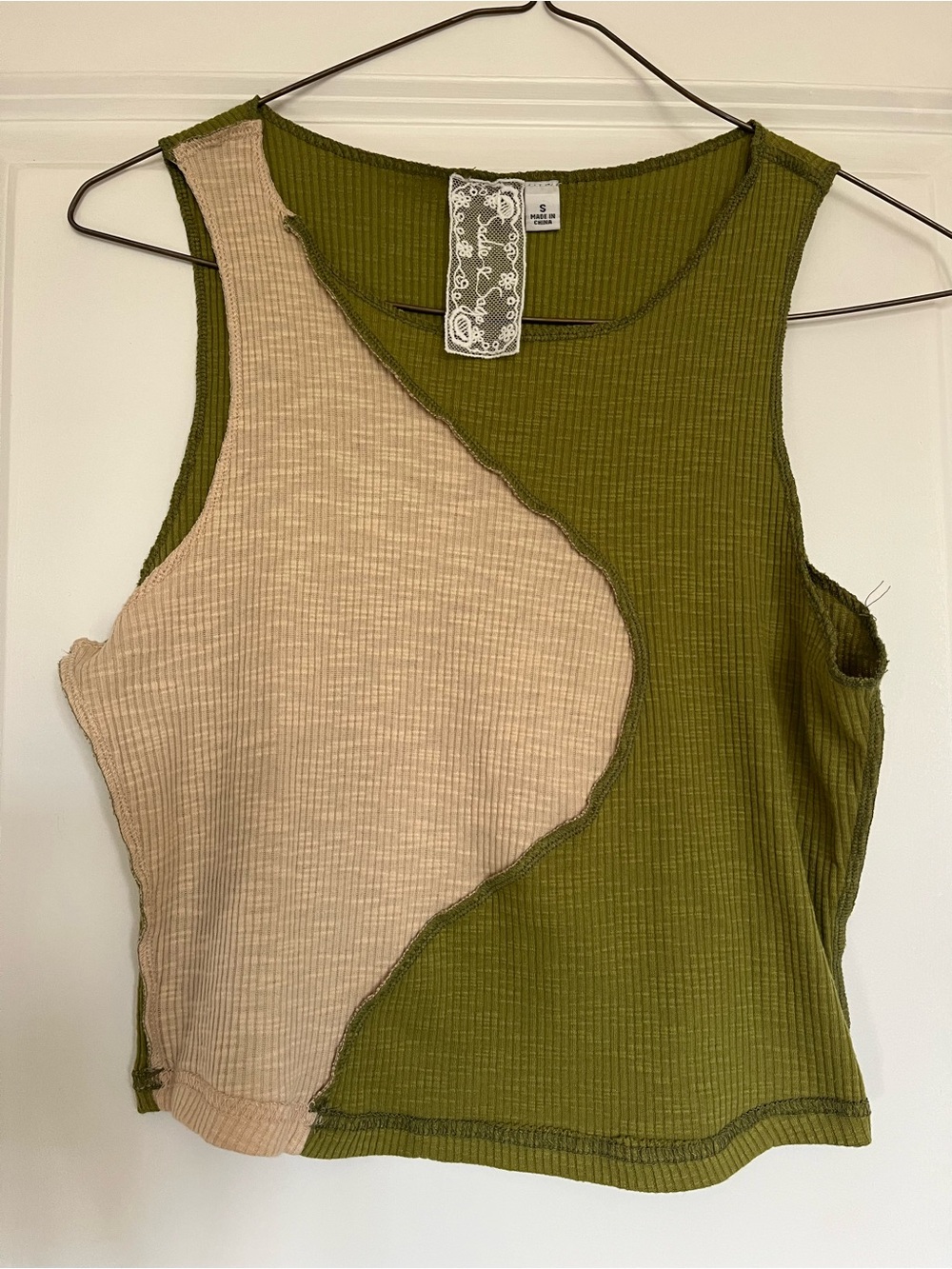 Sadie & Sage Olive Green and Beige Asymmetrical Ribbed Tank